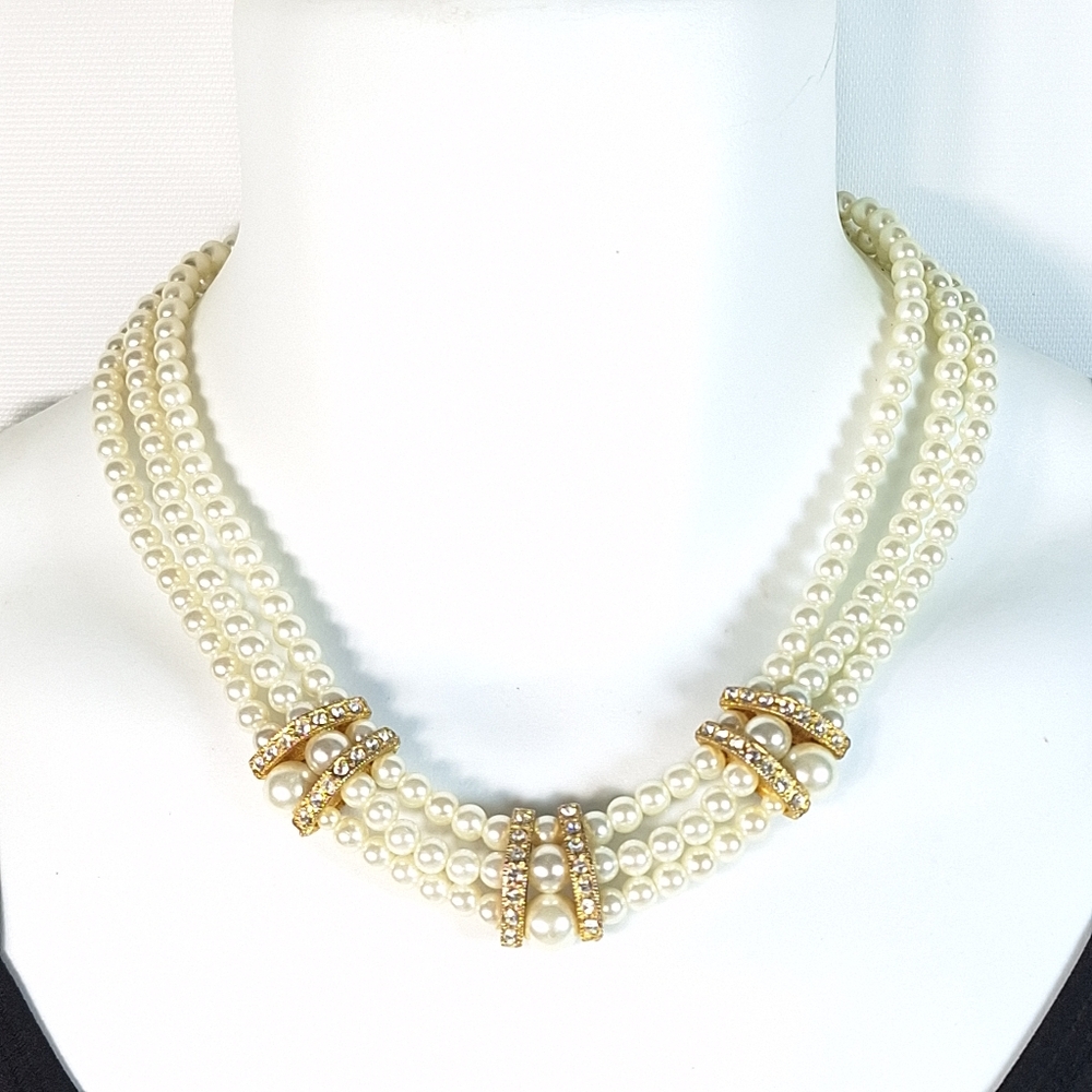 Vintage Faux Pearl Collar Necklace Wide Triple Strand Rhinestone Gold Plated